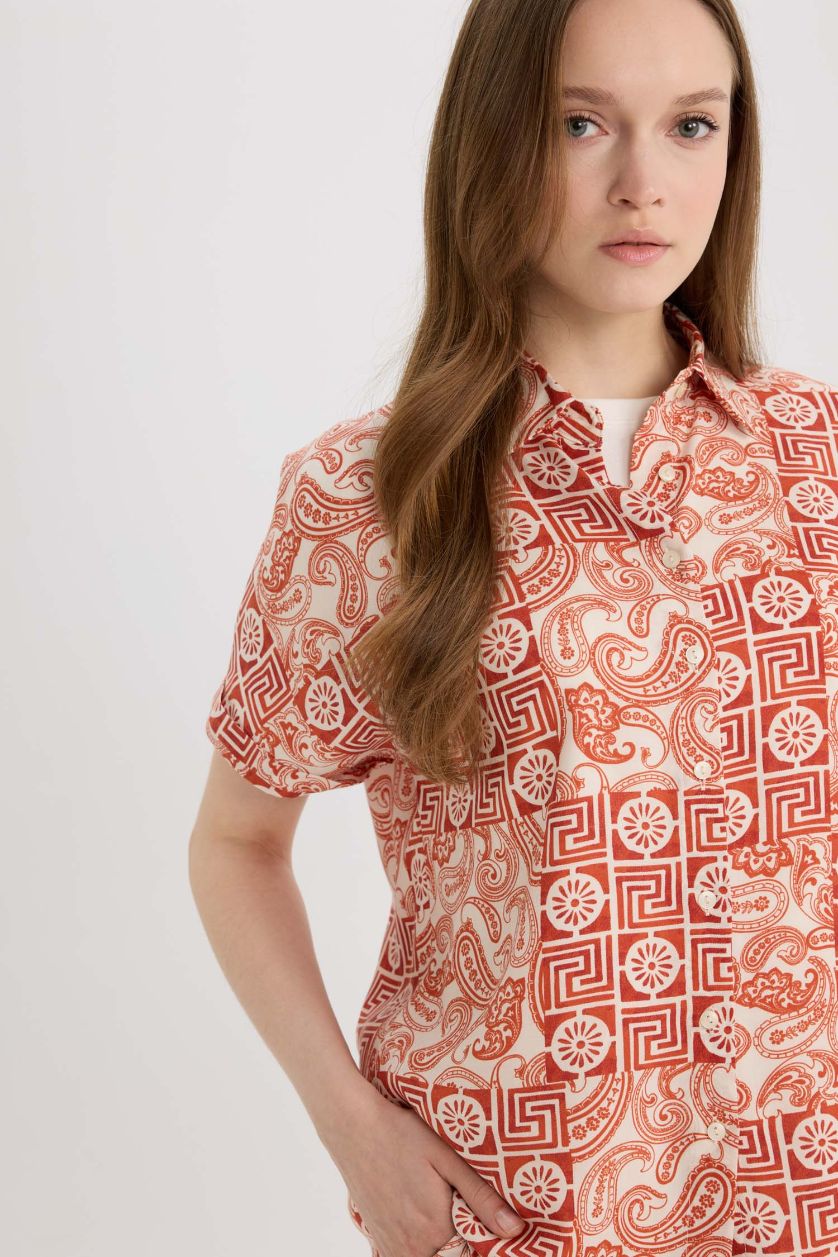 نساء برتقالي قميص نص كم مطبوع قصة عادية برقبة قميص