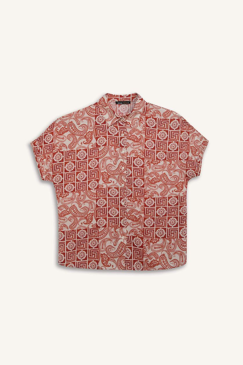 نساء برتقالي قميص نص كم مطبوع قصة عادية برقبة قميص