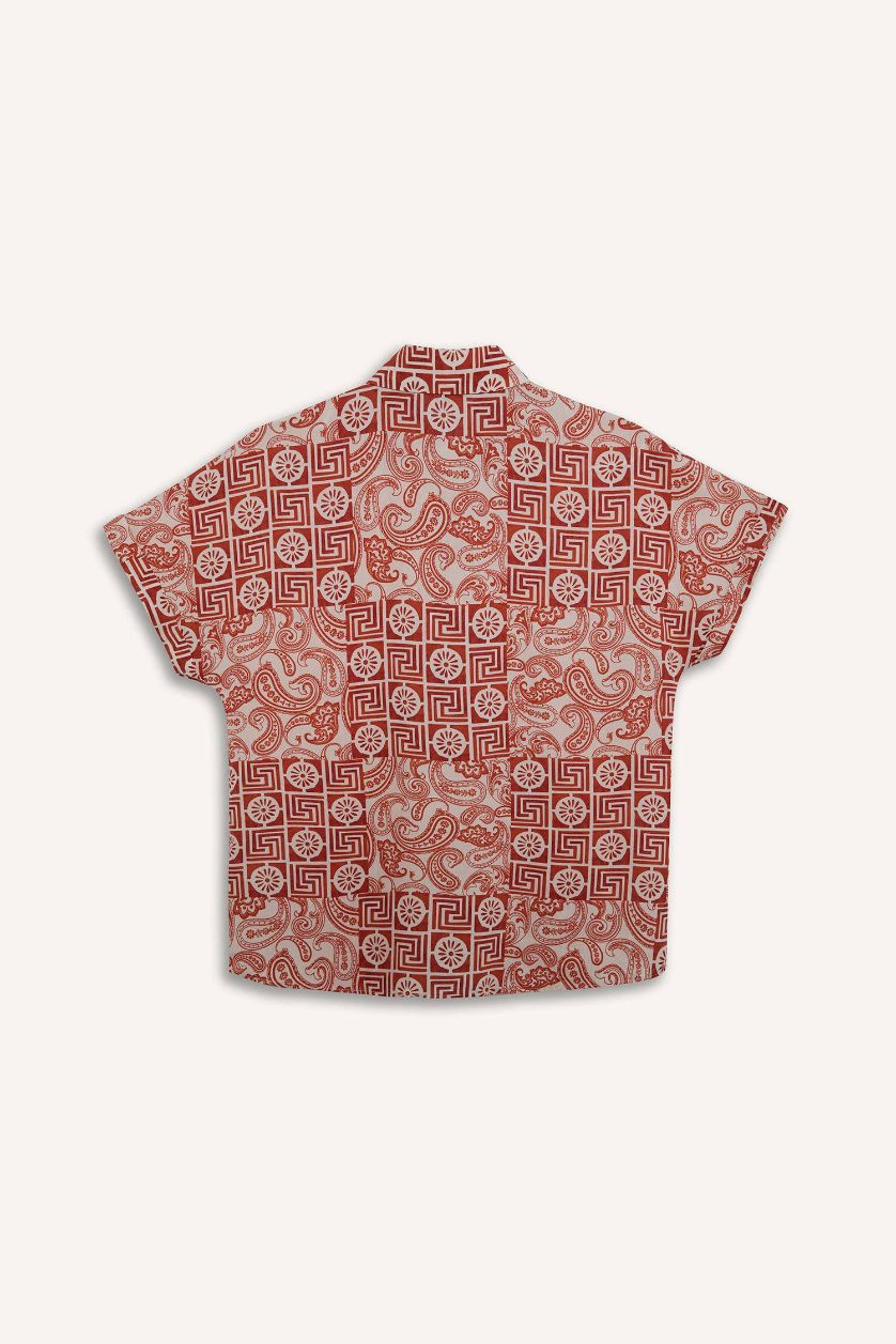 نساء برتقالي قميص نص كم مطبوع قصة عادية برقبة قميص