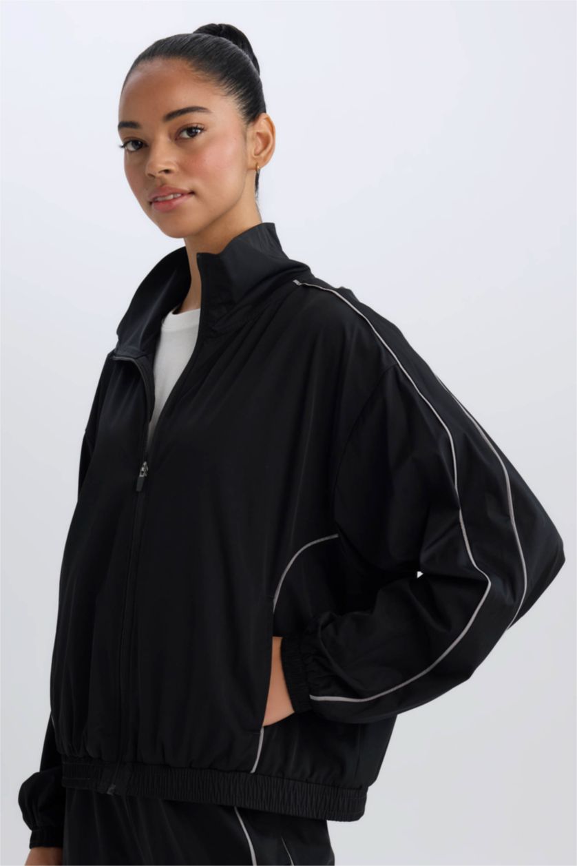 Kadın Siyah Oversize Geniş Kalıp Cepli Dokuma Sporcu Fermuarlı Hırka