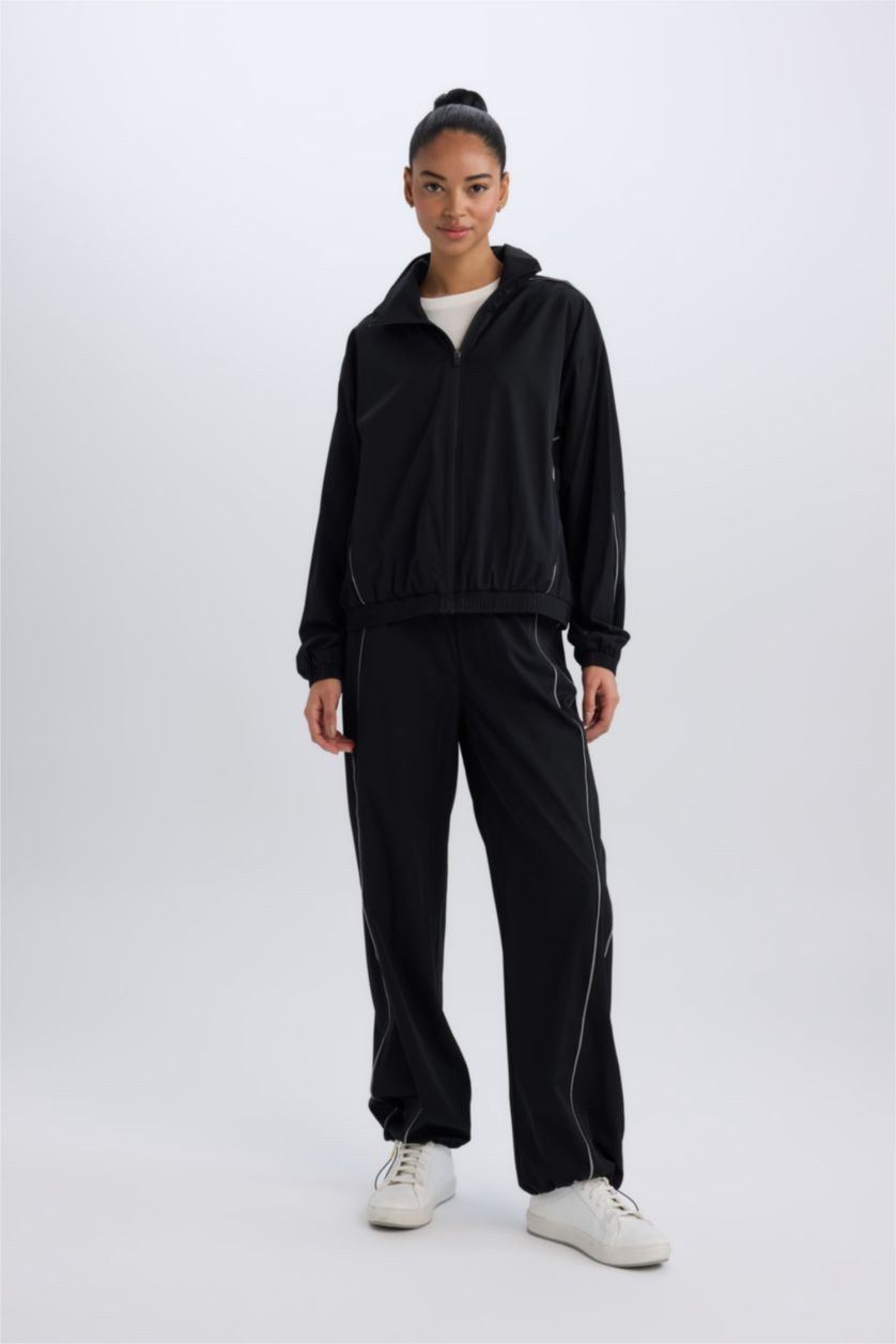 Kadın Siyah Oversize Geniş Kalıp Cepli Dokuma Sporcu Fermuarlı Hırka