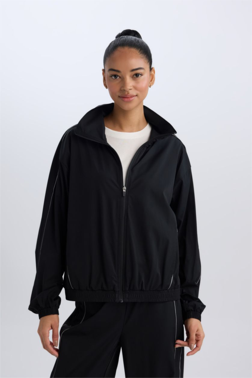 Kadın Siyah Oversize Geniş Kalıp Cepli Dokuma Sporcu Fermuarlı Hırka