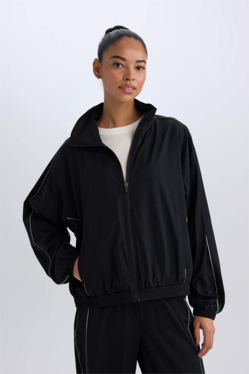 Kadın Siyah Oversize Geniş Kalıp Cepli Dokuma Sporcu Fermuarlı Hırka