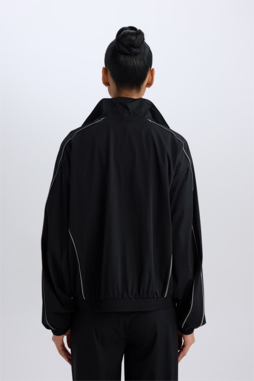 Kadın Siyah Oversize Geniş Kalıp Cepli Dokuma Sporcu Fermuarlı Hırka