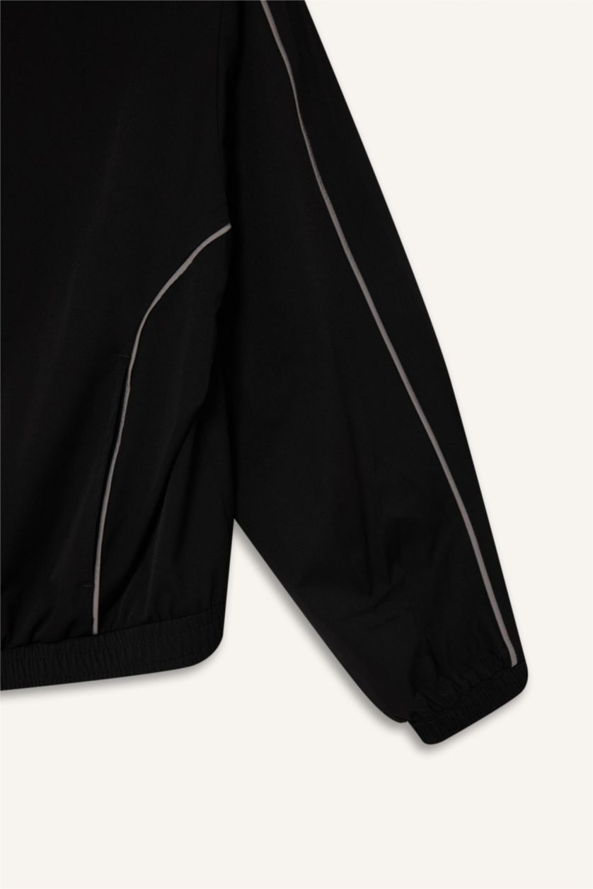 Kadın Siyah Oversize Geniş Kalıp Cepli Dokuma Sporcu Fermuarlı Hırka