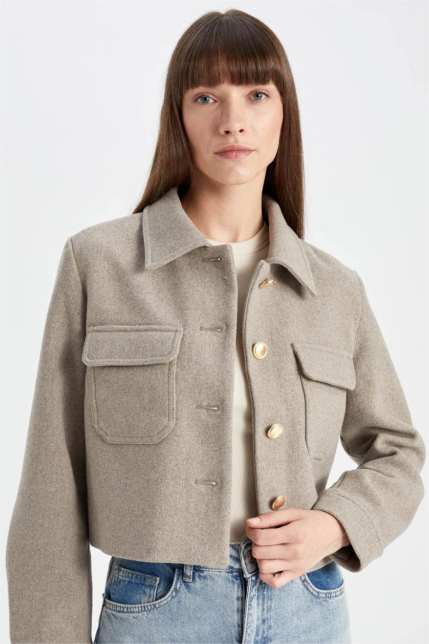 FEMME Beige Manteau en laine à Coupe Régulière et Col Polo avec poches