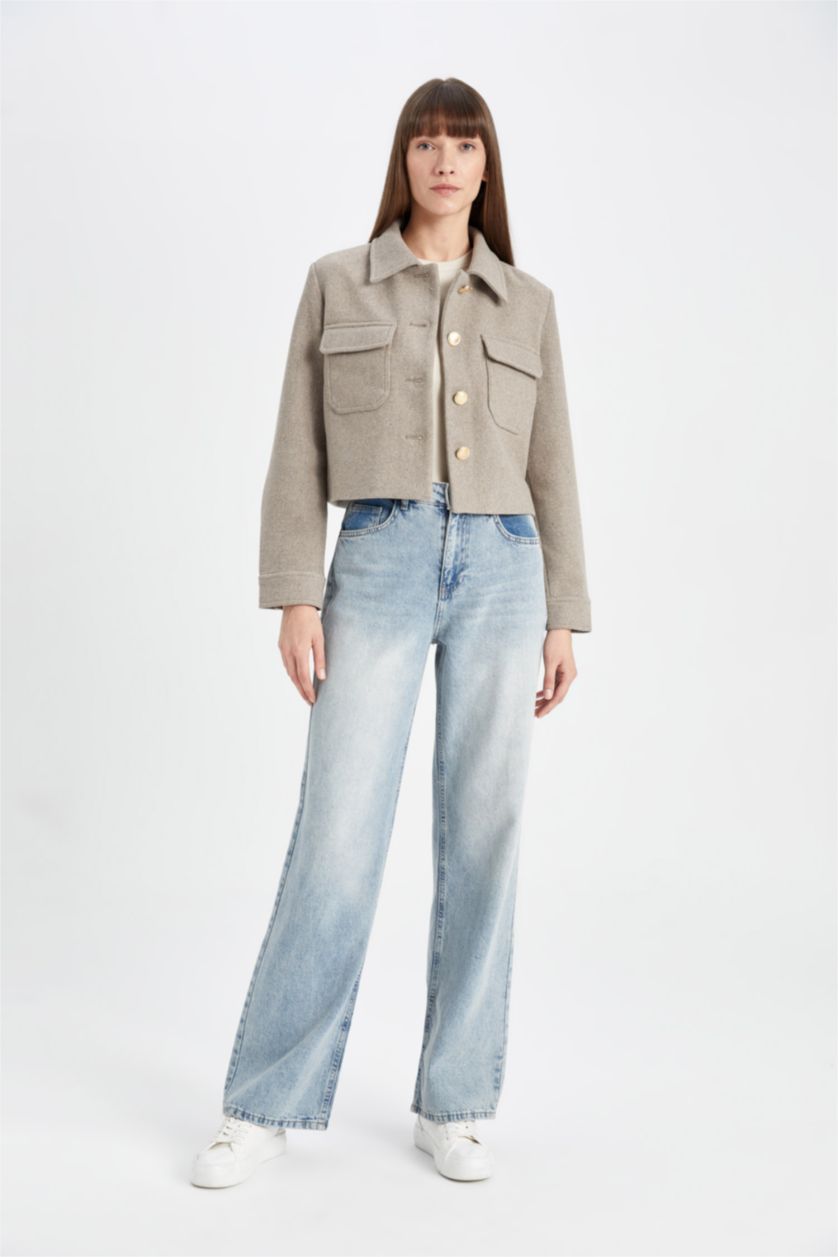 FEMME Beige Manteau en laine à Coupe Régulière et Col Polo avec poches