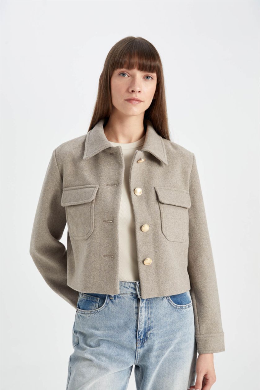 FEMME Beige Manteau en laine à Coupe Régulière et Col Polo avec poches