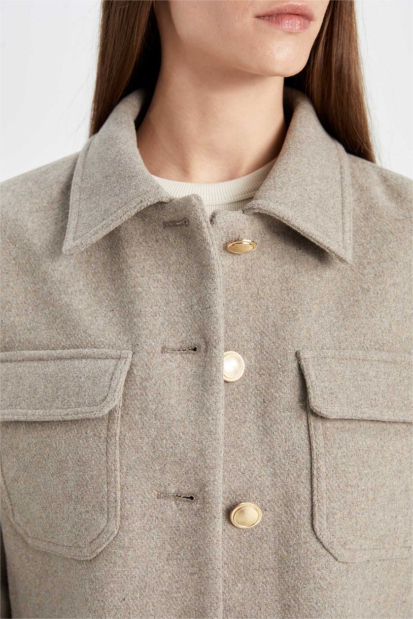 FEMME Beige Manteau en laine à Coupe Régulière et Col Polo avec poches