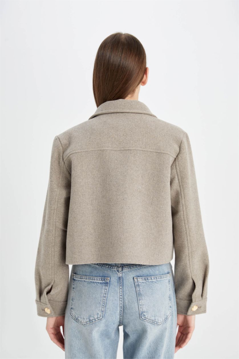 FEMME Beige Manteau en laine à Coupe Régulière et Col Polo avec poches