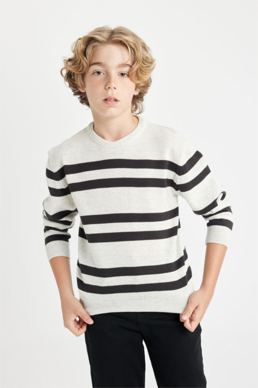 Erkek Çocuk - Genç Erkek Optik Gri Melanj Erkek Çocuk Bisiklet Yaka Çizgili Triko Kazak