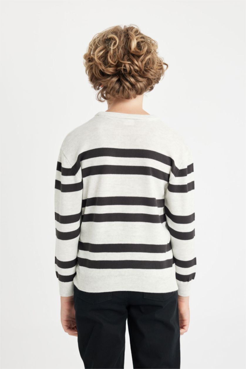 Erkek Çocuk - Genç Erkek Optik Gri Melanj Erkek Çocuk Bisiklet Yaka Çizgili Triko Kazak