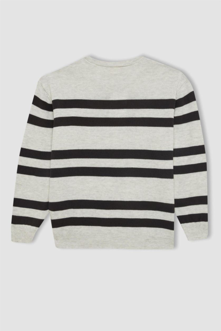 Erkek Çocuk - Genç Erkek Optik Gri Melanj Erkek Çocuk Bisiklet Yaka Çizgili Triko Kazak