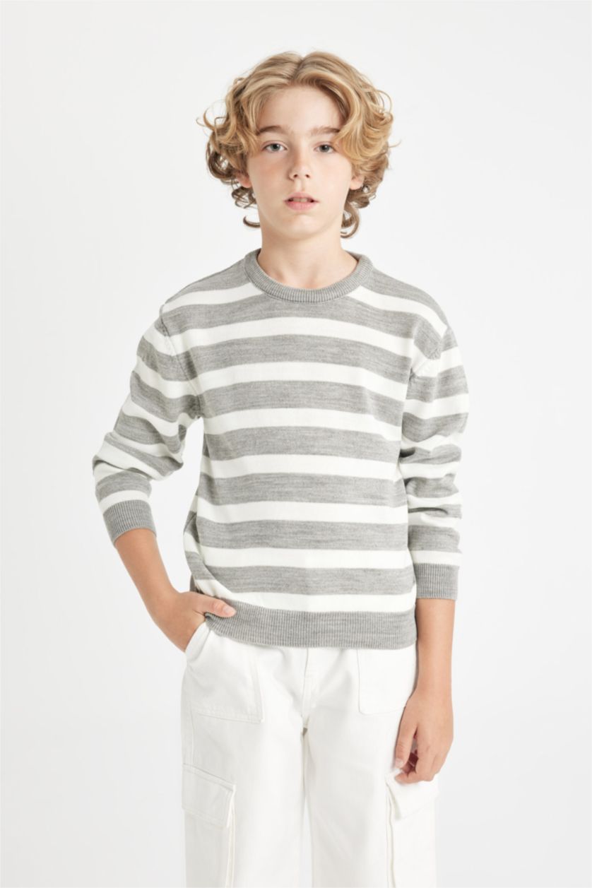 BOYS & TEENS Grey Melange Boy Crew Neck Striped Knitted Pullover