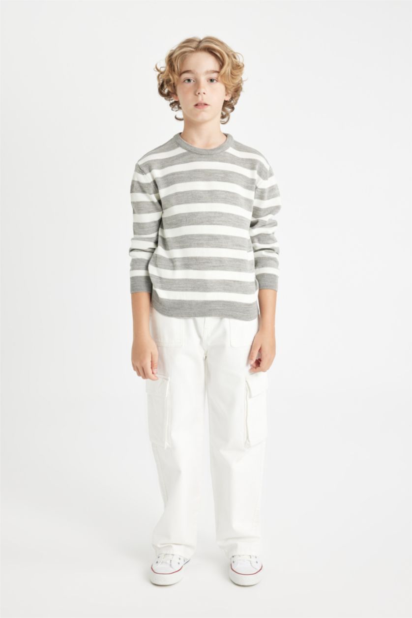 BOYS & TEENS Grey Melange Boy Crew Neck Striped Knitted Pullover