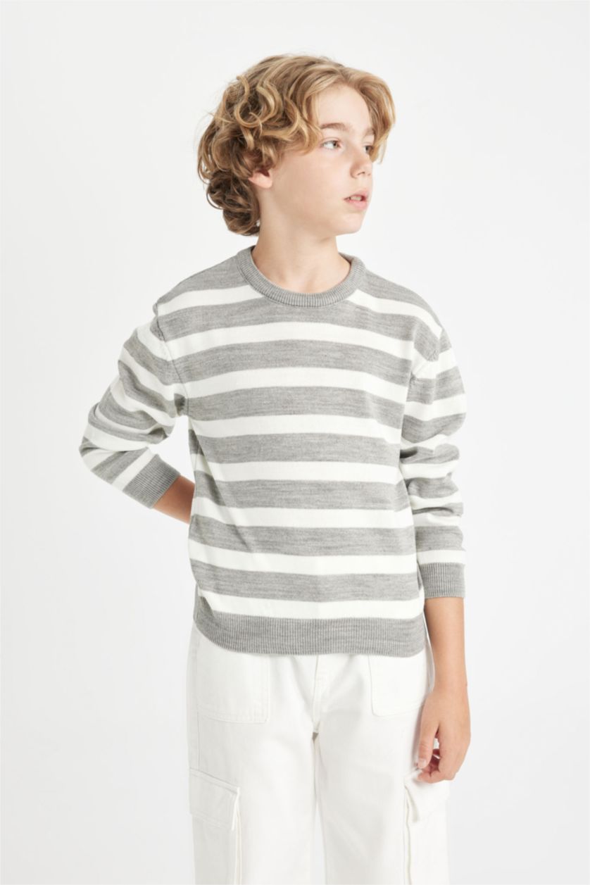 BOYS & TEENS Grey Melange Boy Crew Neck Striped Knitted Pullover