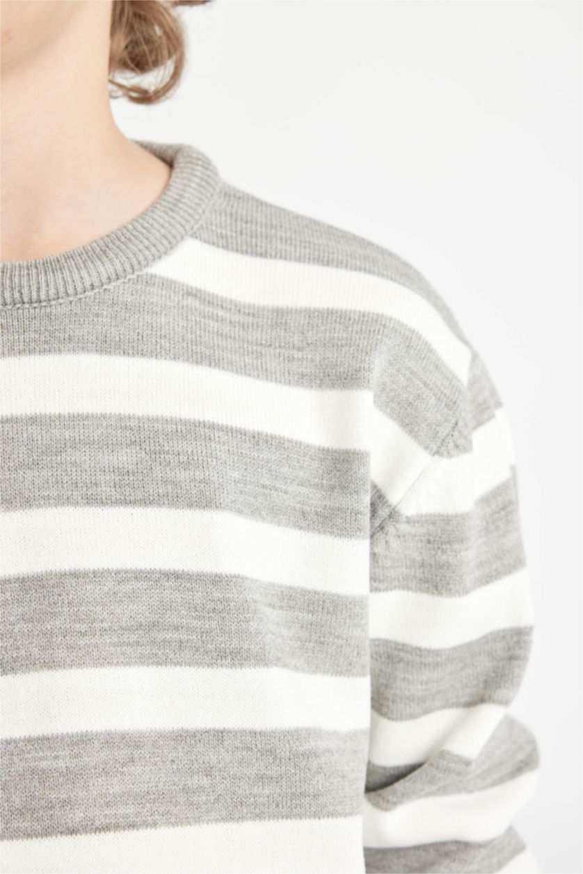 BOYS & TEENS Grey Melange Boy Crew Neck Striped Knitted Pullover
