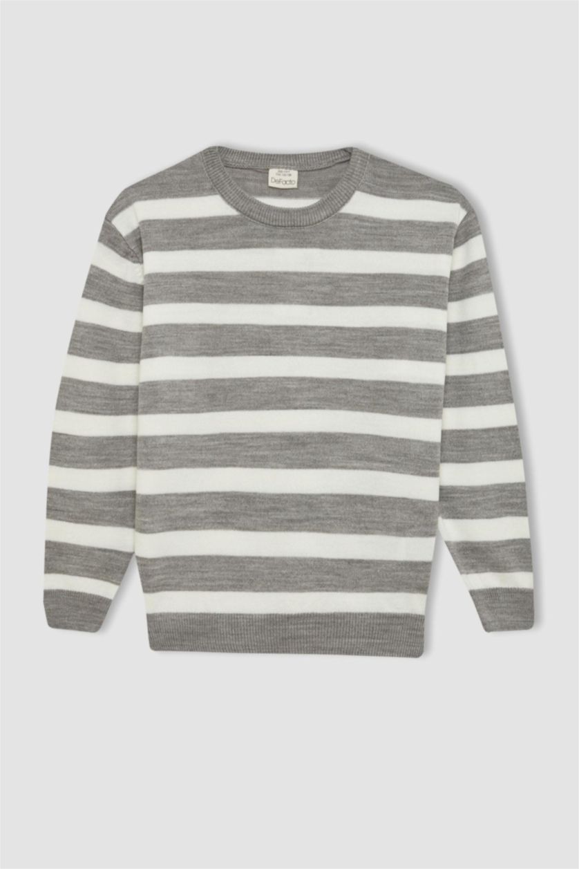 BOYS & TEENS Grey Melange Boy Crew Neck Striped Knitted Pullover