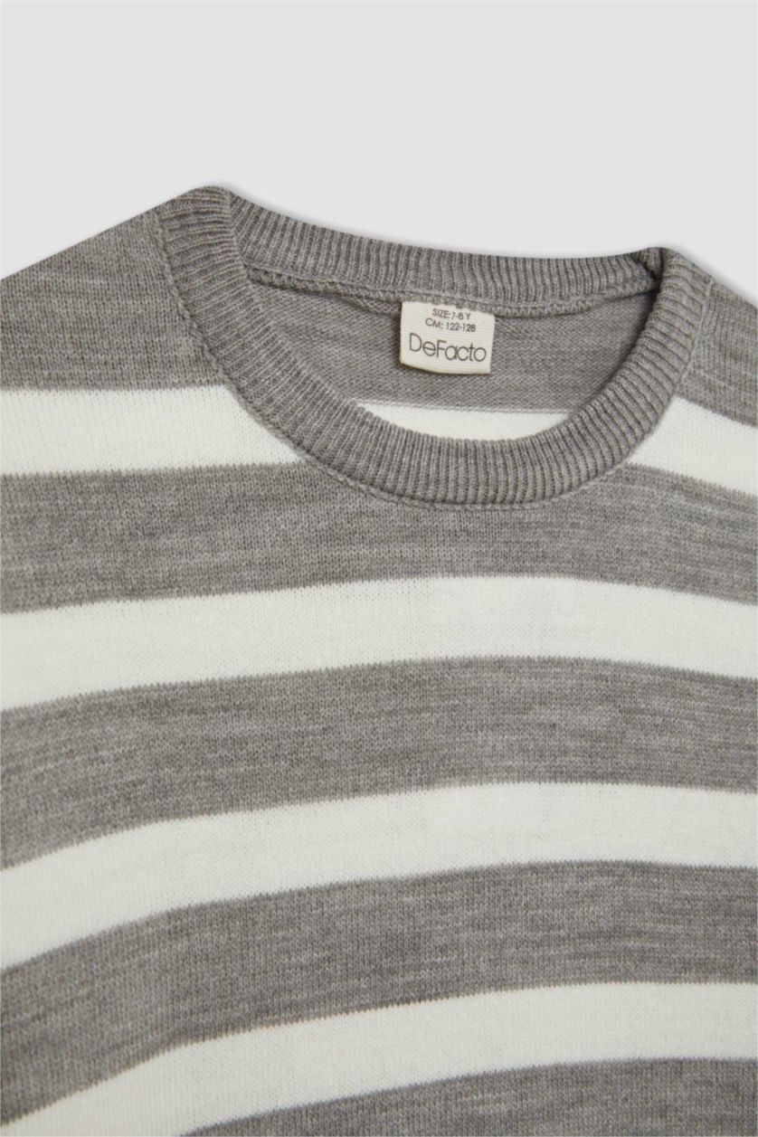 BOYS & TEENS Grey Melange Boy Crew Neck Striped Knitted Pullover