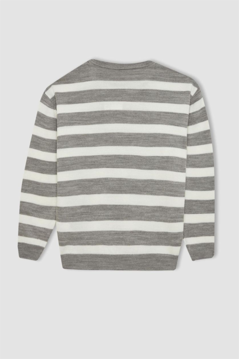 BOYS & TEENS Grey Melange Boy Crew Neck Striped Knitted Pullover