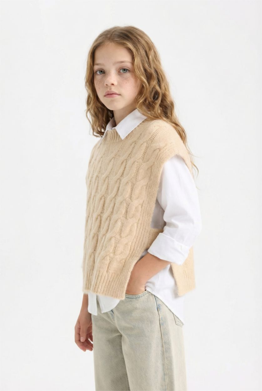 Девочки и подростки Бежевый меланж Свитер с принтом с круглым вырезом для девочек