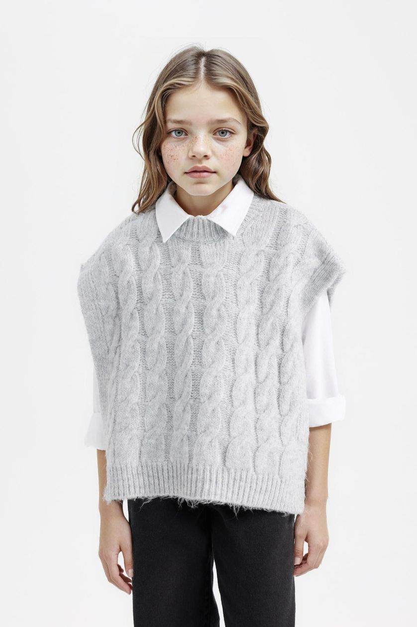 بناتي ميلانج رمادي فاتح فيست بناتي تريكو رمادي برقبة مستديرة