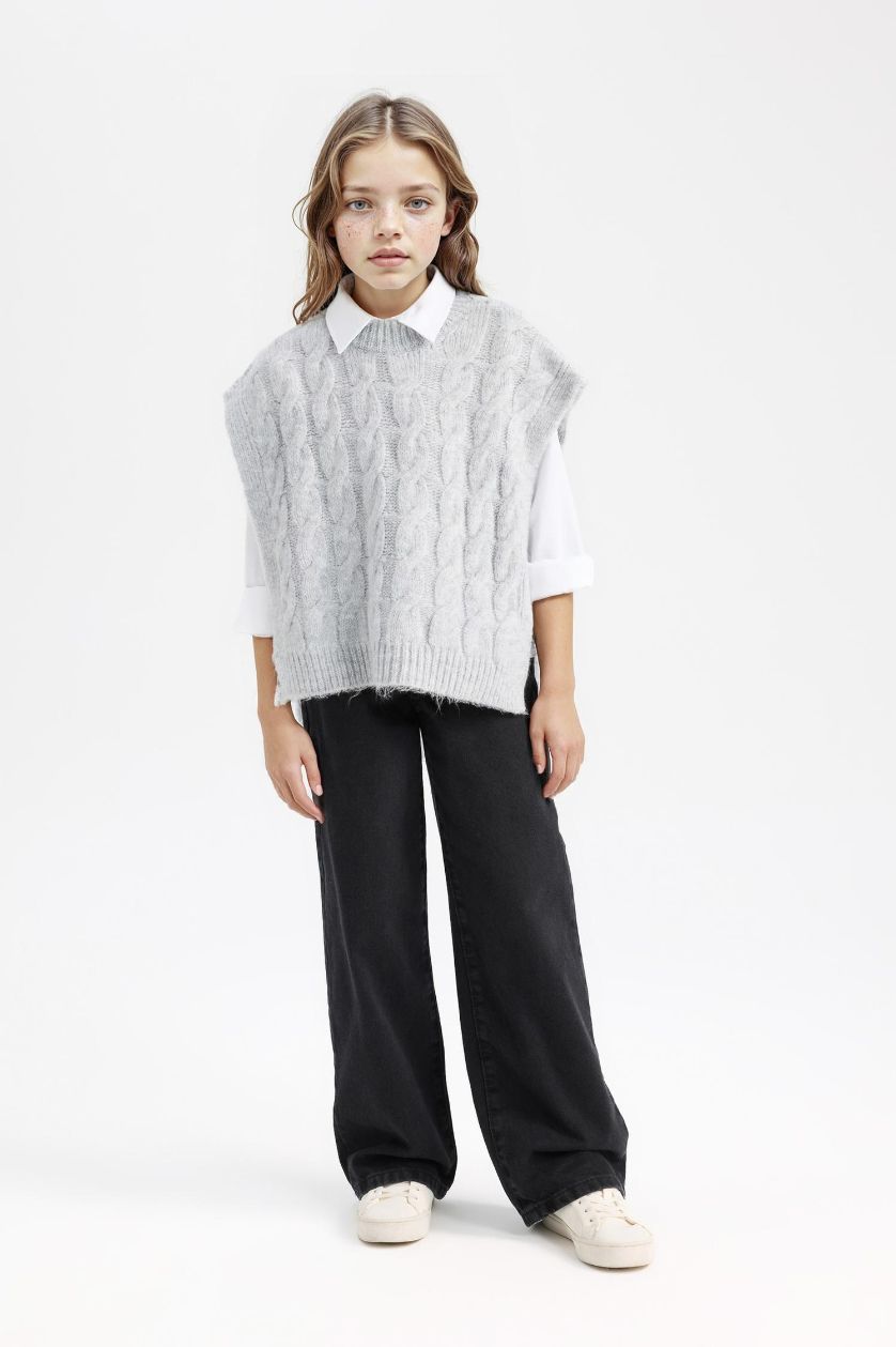 بناتي ميلانج رمادي فاتح فيست بناتي تريكو رمادي برقبة مستديرة