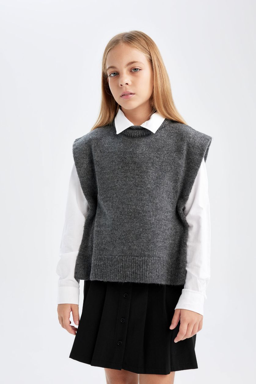 GIRLS & TEENS Anthracite Melange Girl Crew Neck Basic Vest