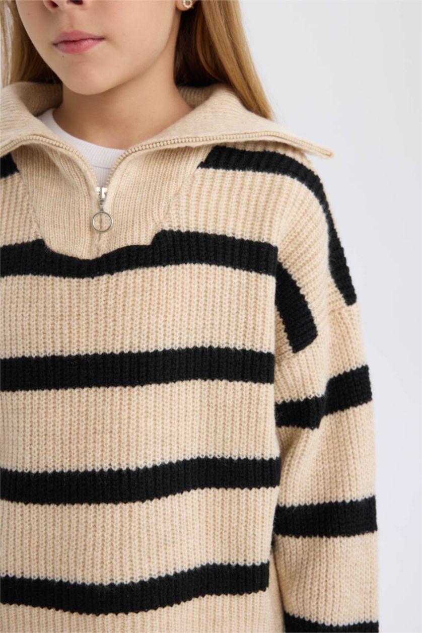 Kız Çocuk - Genç Kız Bej Standart Fit Dik Yaka Fermuarlı Çizgili Triko Kazak Kız Çocuk