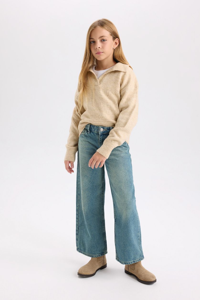 FILLES Beige Pull en maille slim basique à col polo pour Fille