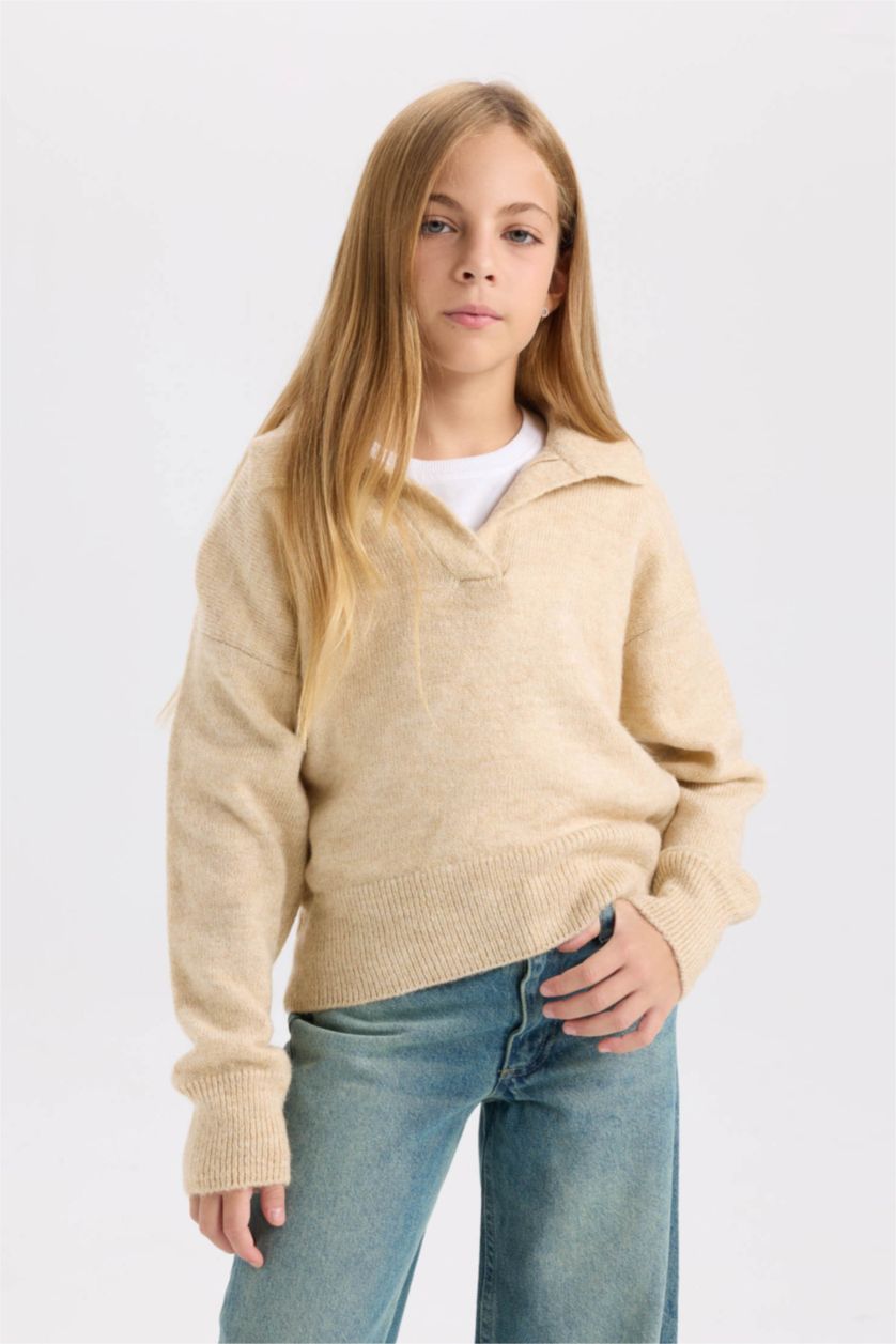 FILLES Beige Pull en maille slim basique à col polo pour Fille