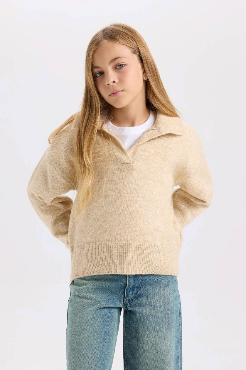 FILLES Beige Pull en maille slim basique à col polo pour Fille