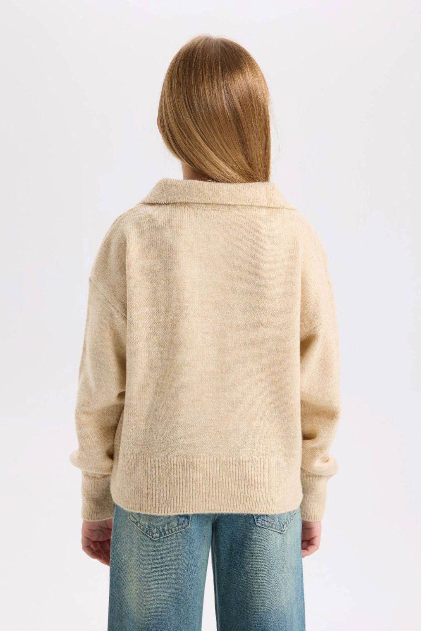 FILLES Beige Pull en maille slim basique à col polo pour Fille