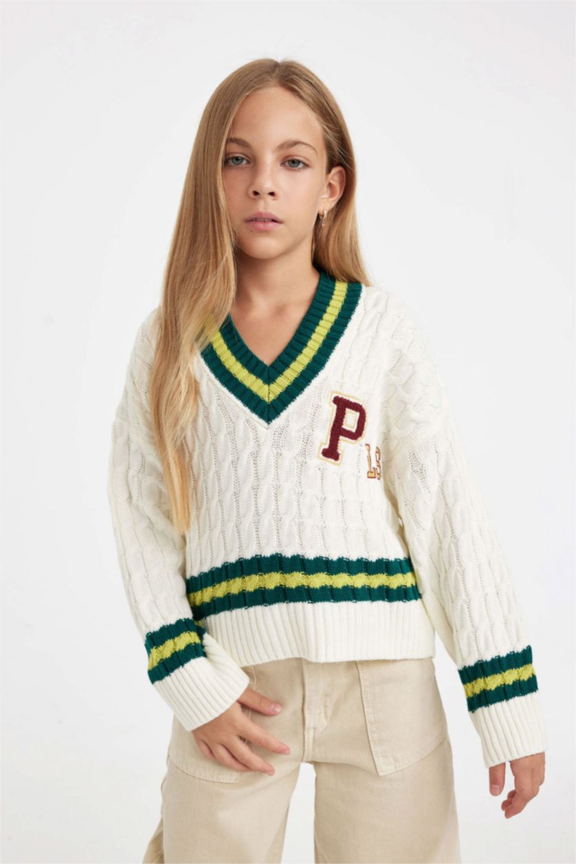 GIRLS & TEENS Ecru Girl Standard Fit V Neck Knitted Pullover