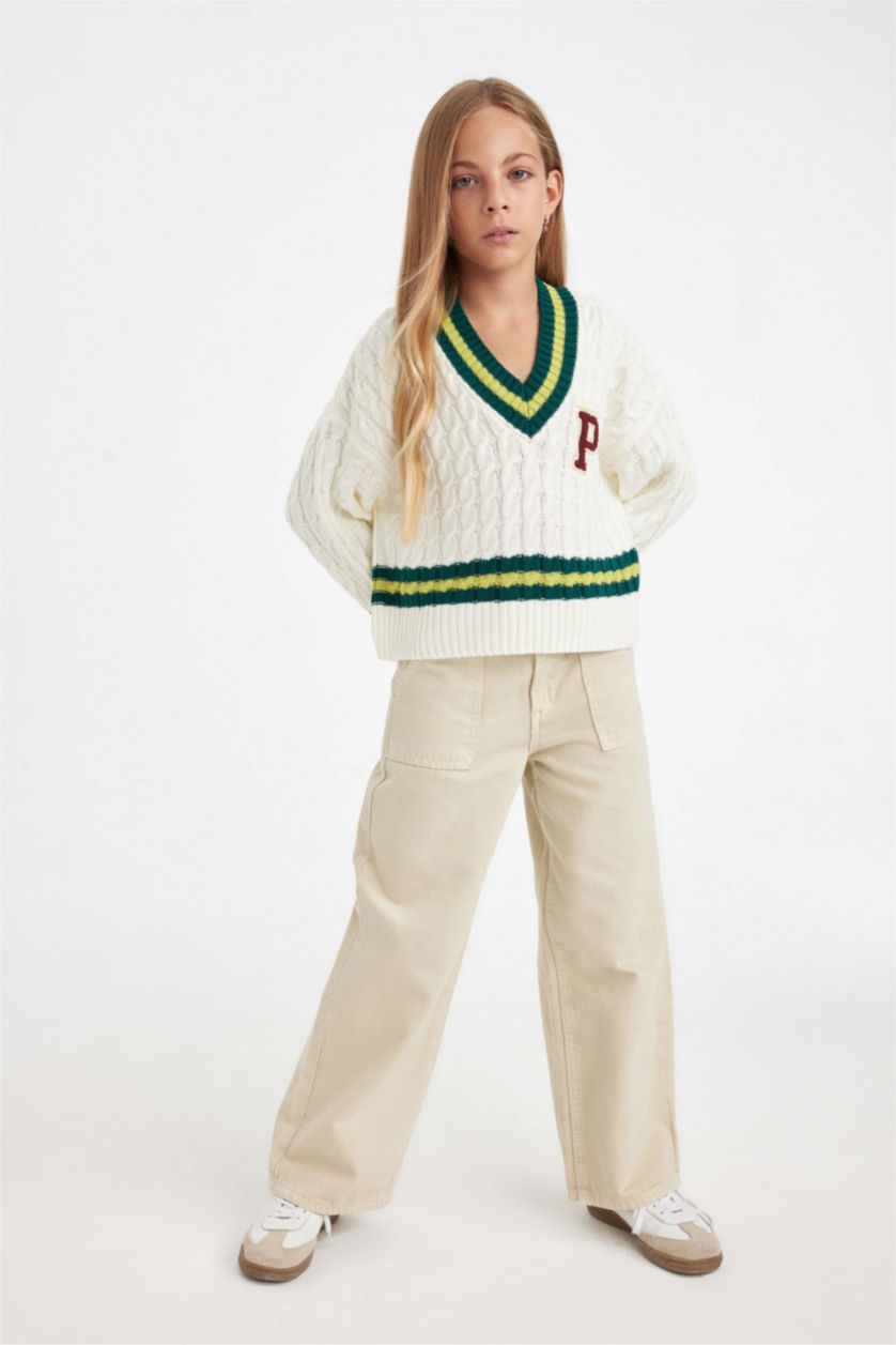 GIRLS & TEENS Ecru Girl Standard Fit V Neck Knitted Pullover
