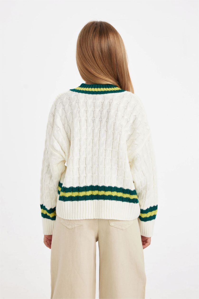 GIRLS & TEENS Ecru Girl Standard Fit V Neck Knitted Pullover