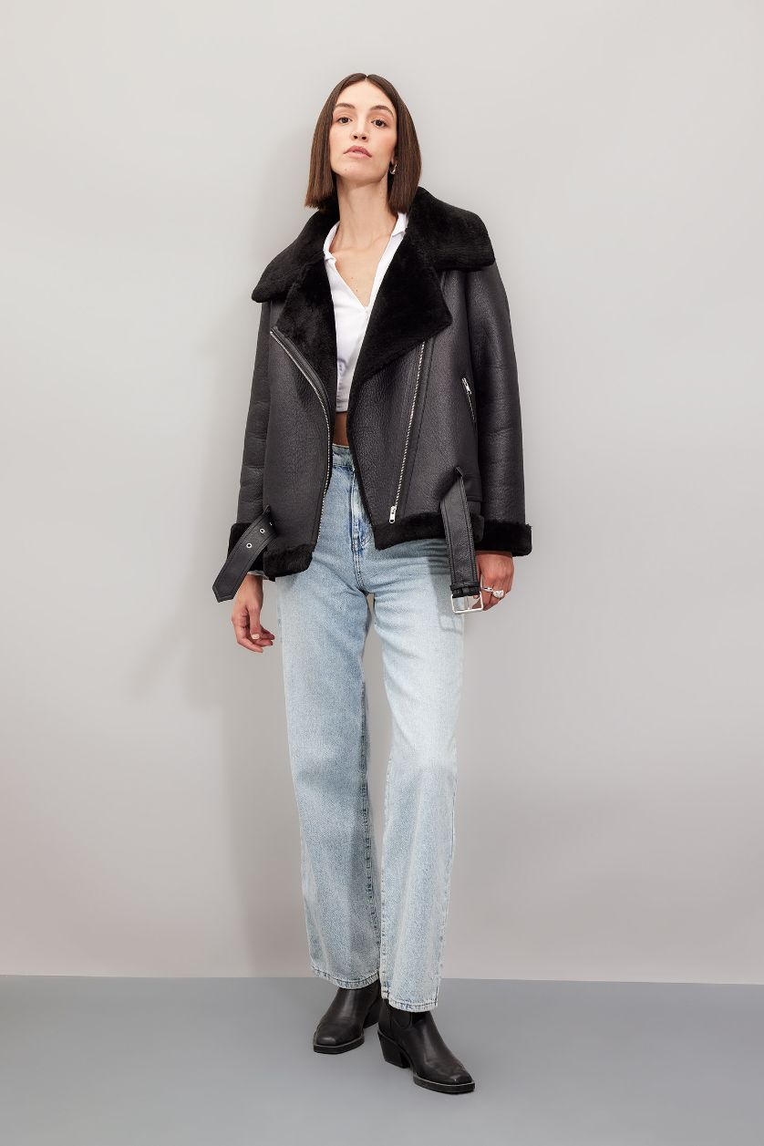 FEMME Noir Veste en cuir Coupe Régulière