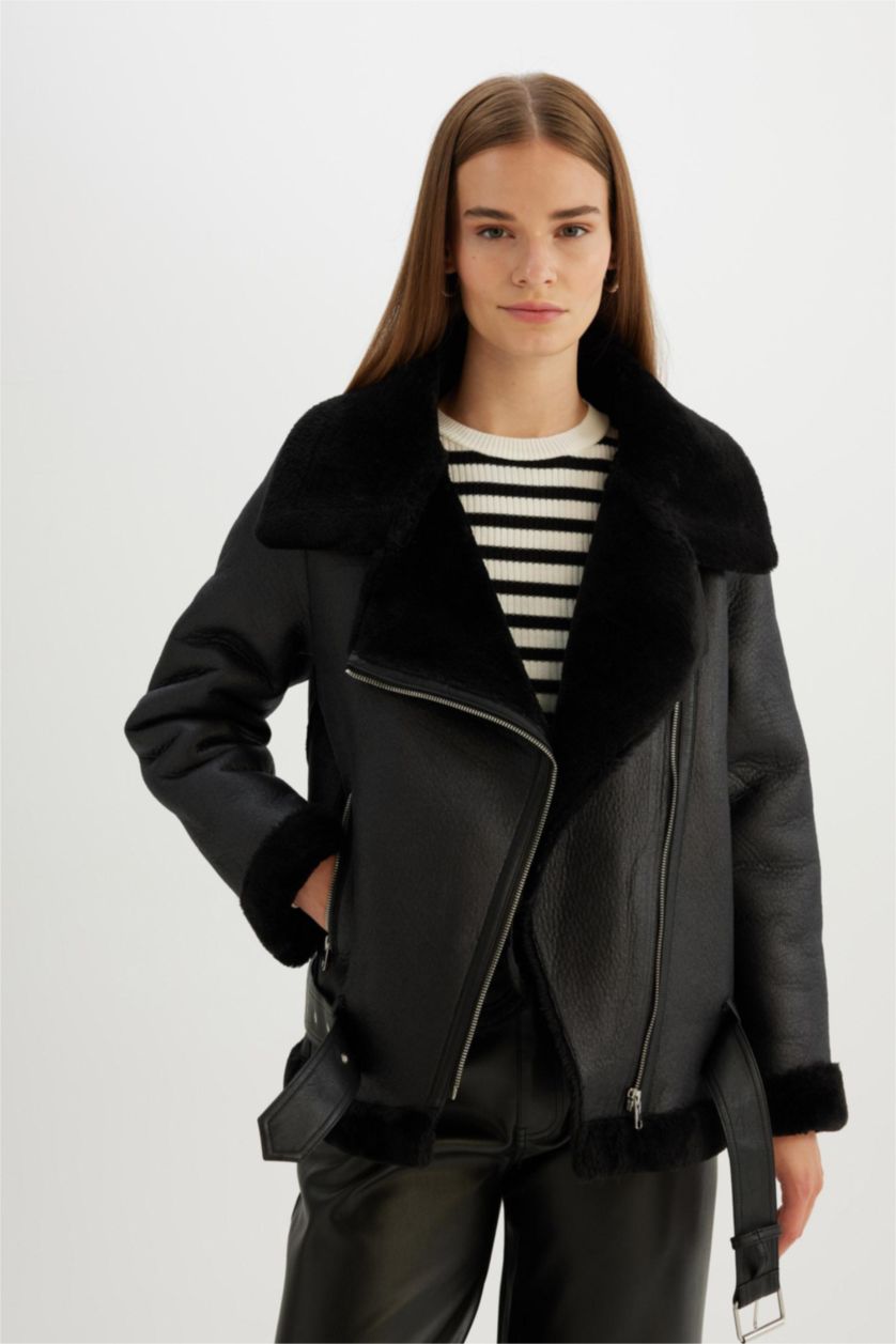 FEMME Noir Veste en cuir Coupe Régulière