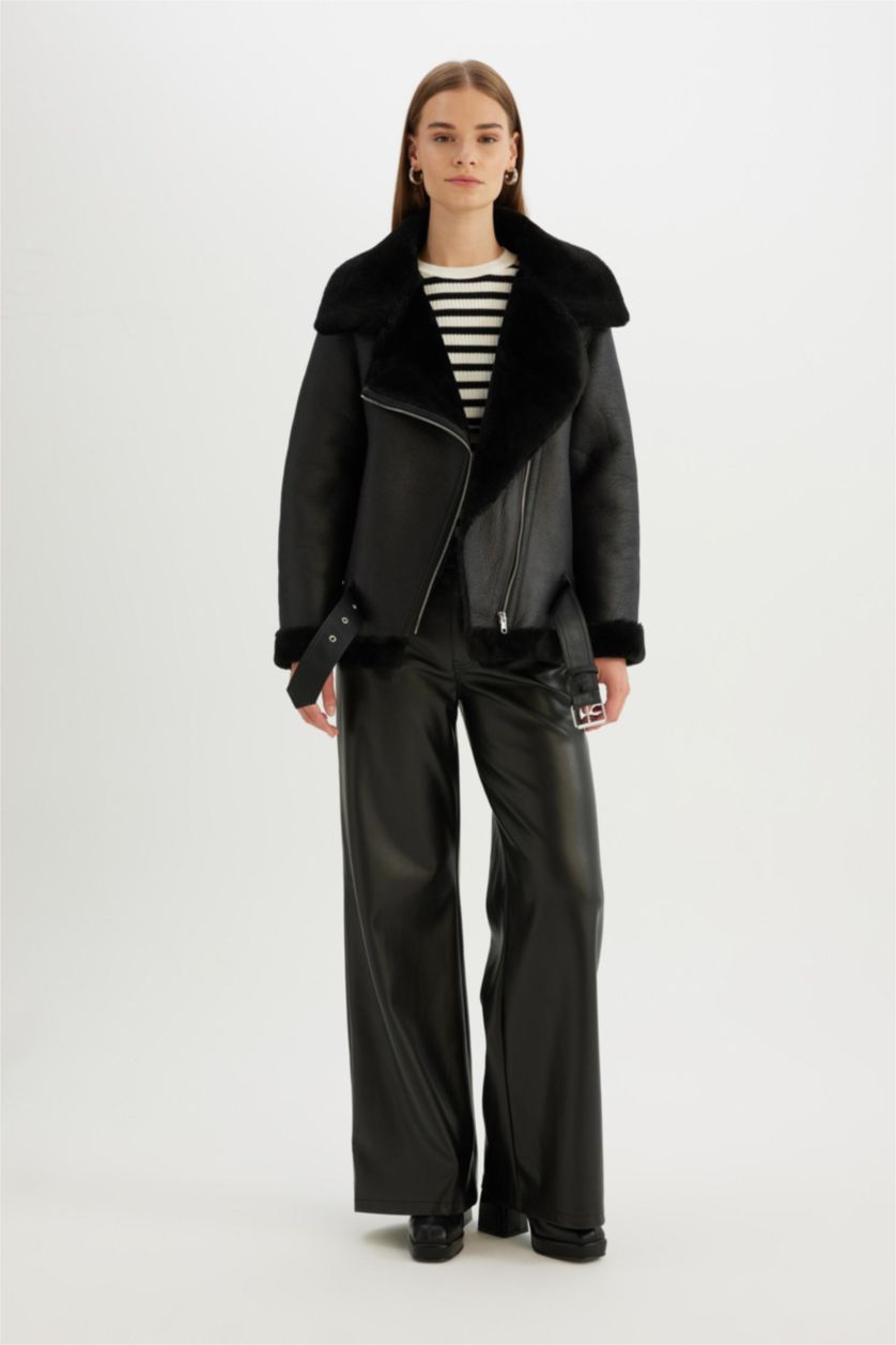 FEMME Noir Veste en cuir Coupe Régulière