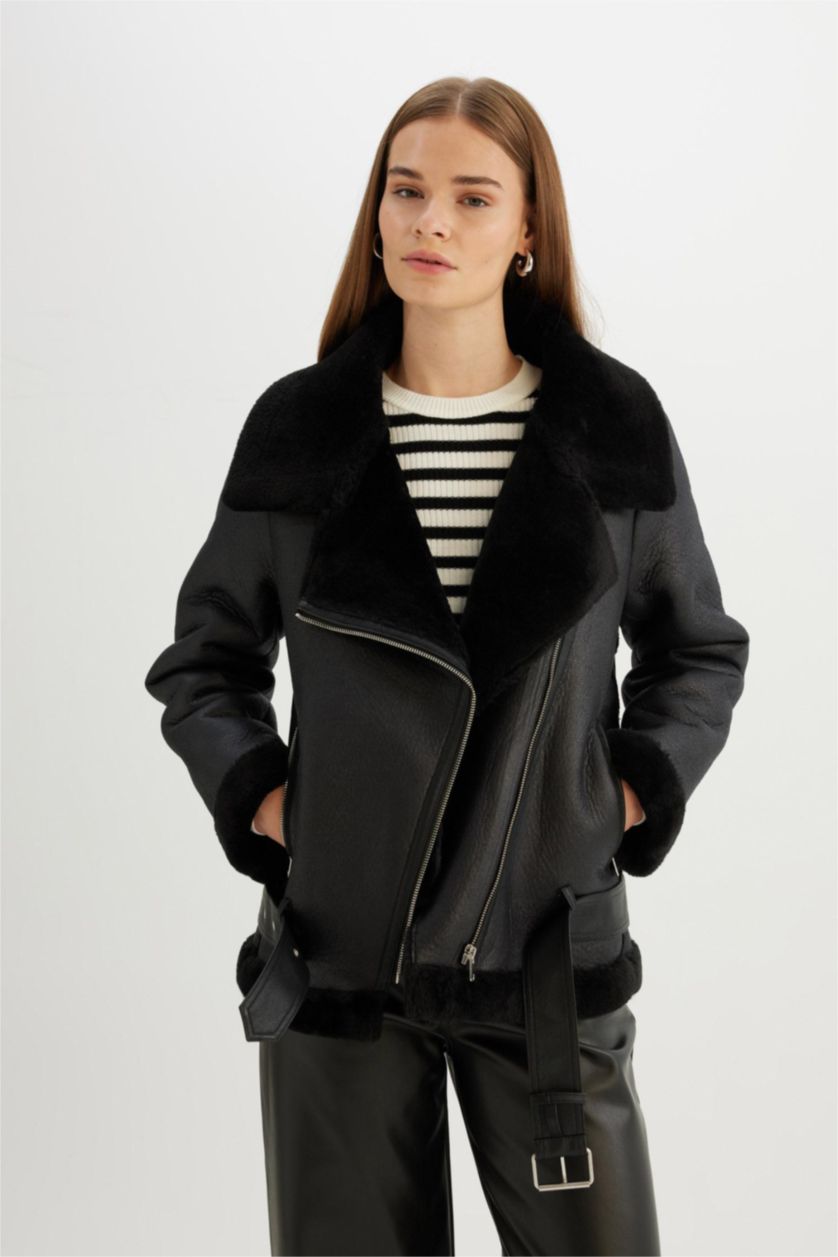 FEMME Noir Veste en cuir Coupe Régulière