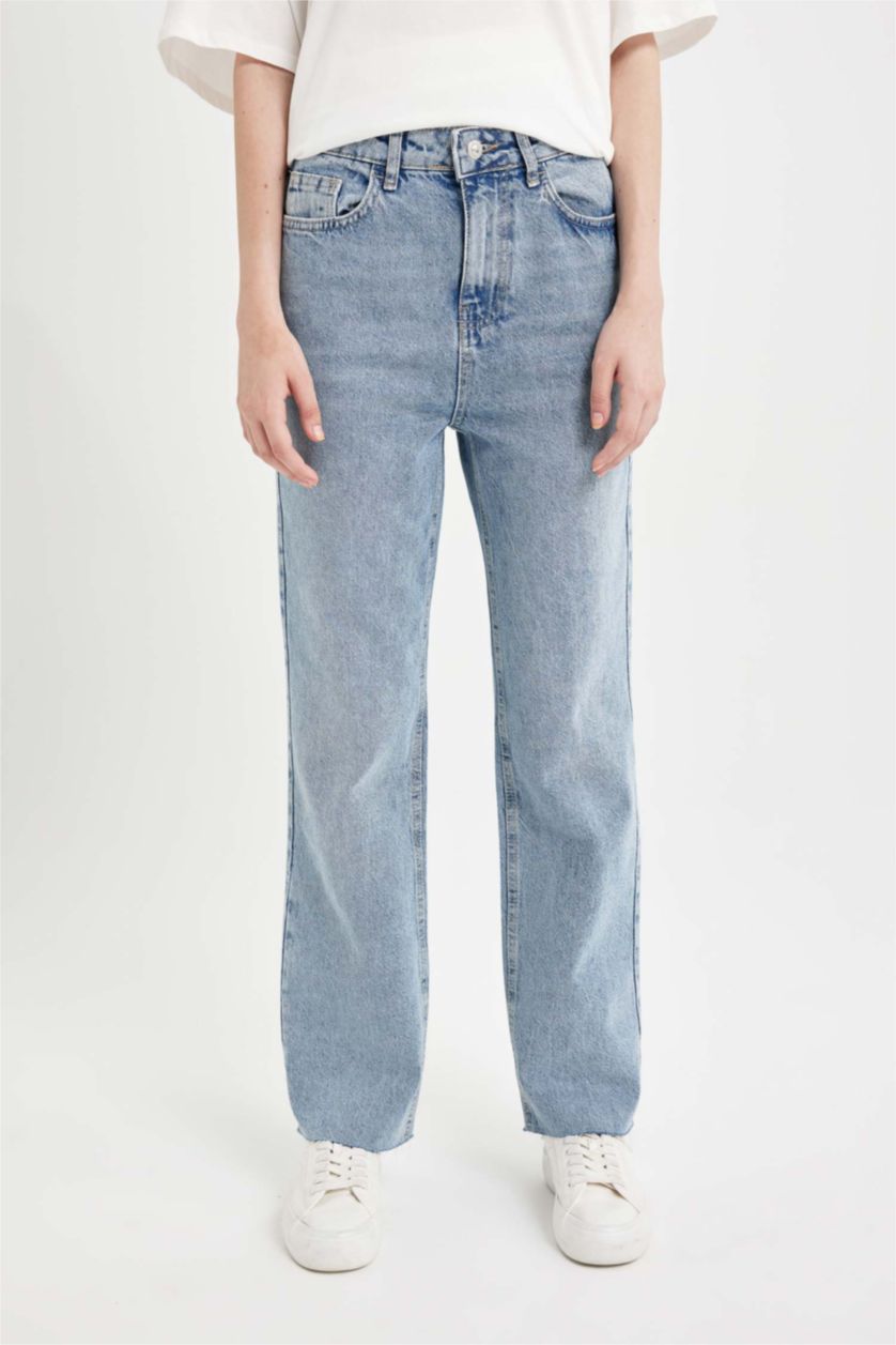 FEMME BLEU Clair Pantalon en jean taille haute à coupe droite et a effet délavé