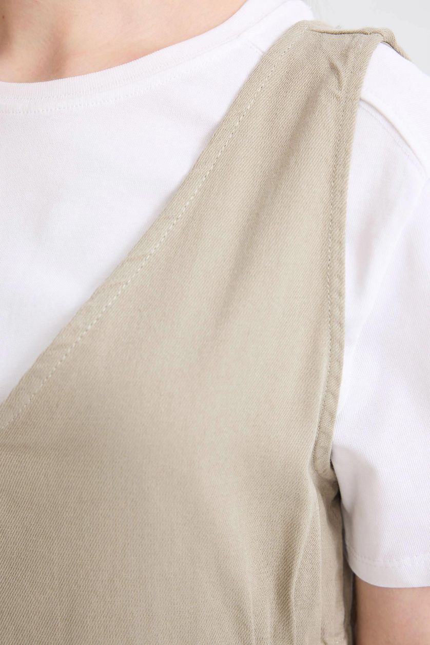 نساء كاكي فاتح فستان جبردين قصة عادية بدون كم وياقة V