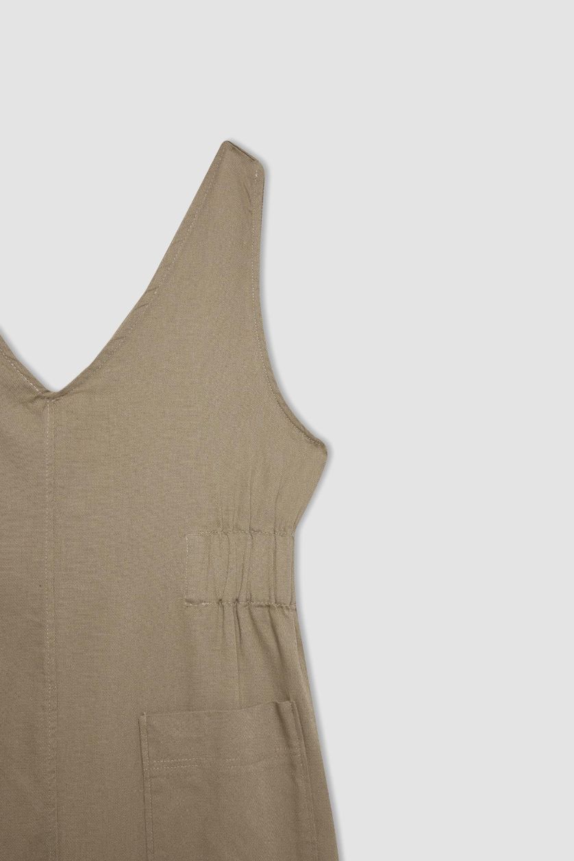 نساء كاكي فاتح فستان جبردين قصة عادية بدون كم وياقة V