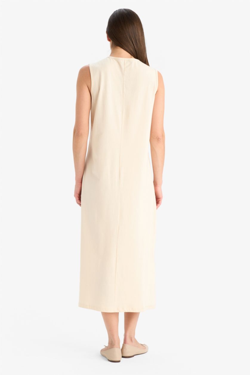 نساء بيج فستان ميدي ممشط بيزك قصة عادية بياخة مستديرة