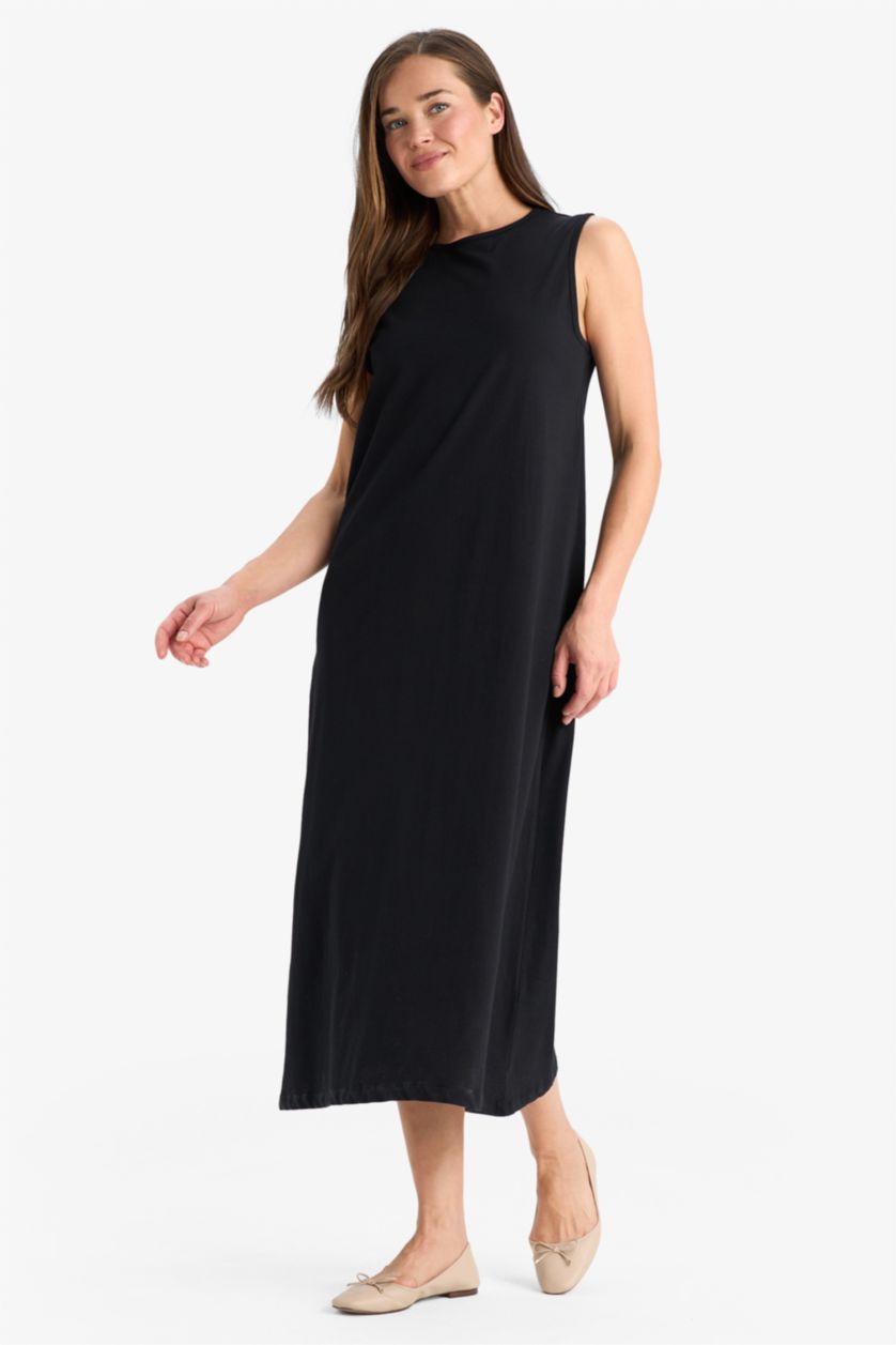 Kadın Siyah %100 Pamuk Regular Fıt Basıc Penye Kolsuz Midi Elbise