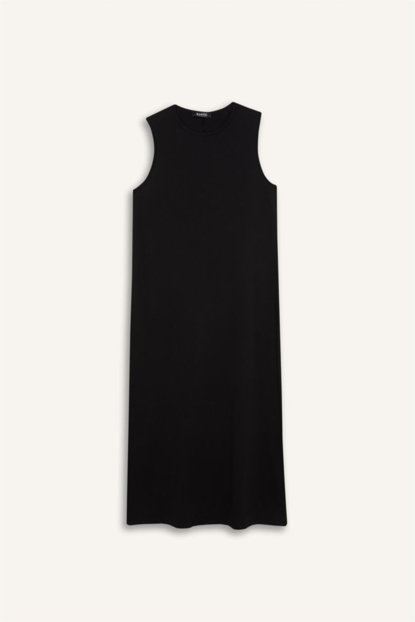 Kadın Siyah %100 Pamuk Regular Fıt Basıc Penye Kolsuz Midi Elbise