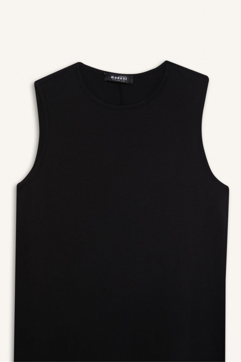 Kadın Siyah %100 Pamuk Regular Fıt Basıc Penye Kolsuz Midi Elbise