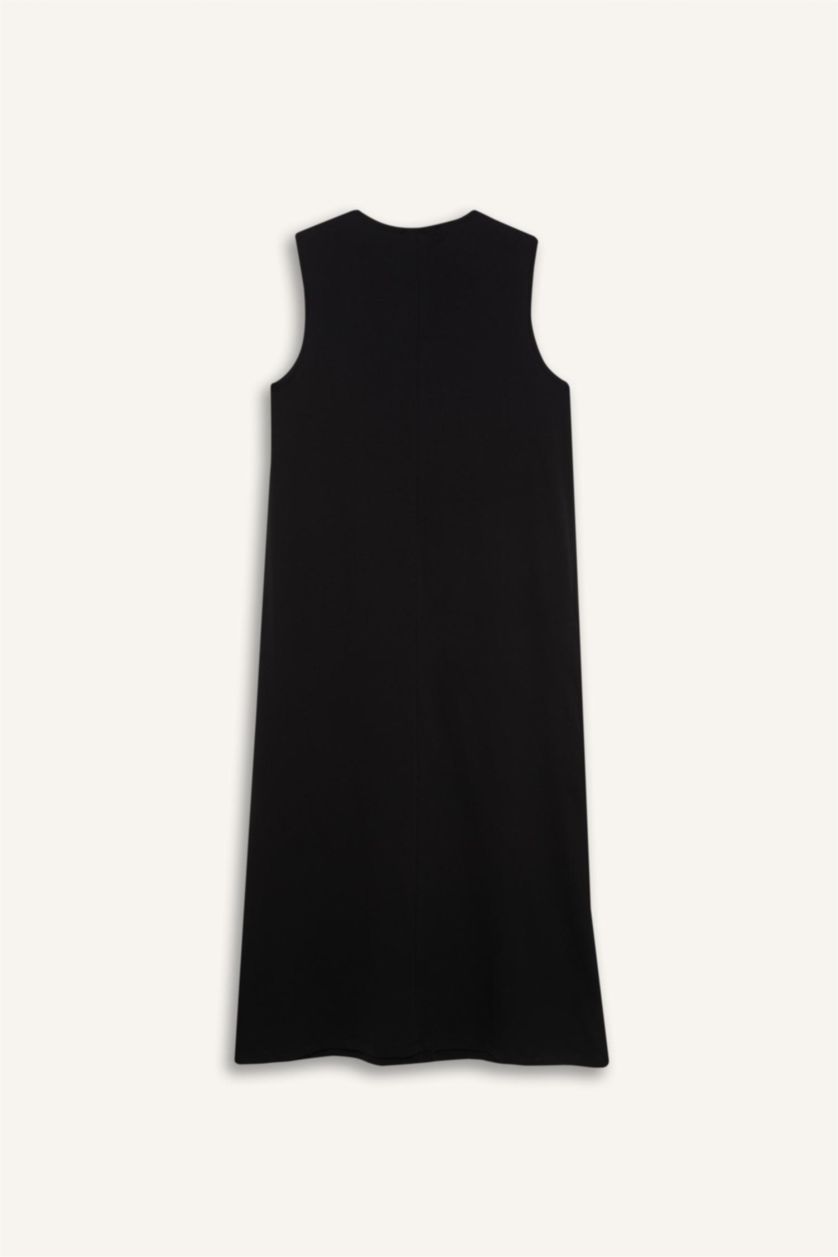 Kadın Siyah %100 Pamuk Regular Fıt Basıc Penye Kolsuz Midi Elbise