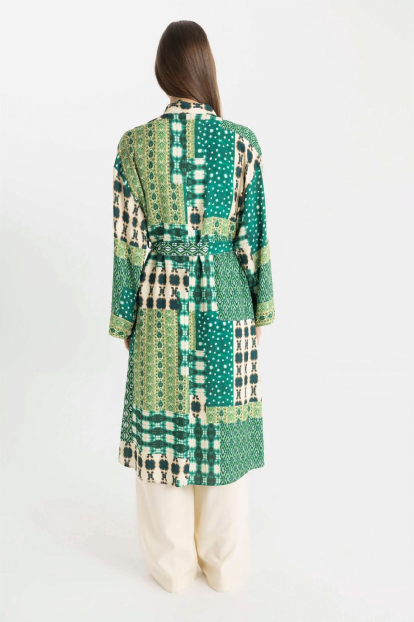 نساء كاكي كيمونو ميدي مطبوع فيسكوز قصة مريحة برقبة قاضي