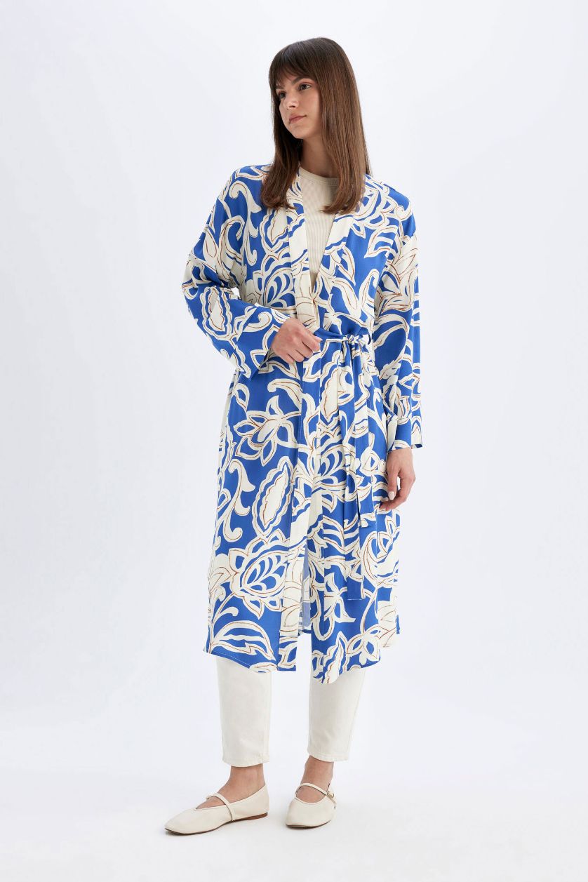 FEMME Marin Kimono Long en Viscose Coupe Relax à Motif